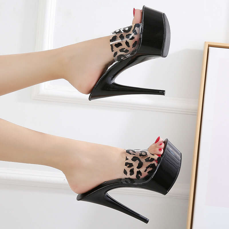 Super High Heels Leopard Print Heels Nightclub Sexy Women's Shoes Waterproof Platform Roman Peep Toe Elegant Super High Heel Slippers Platform Hi