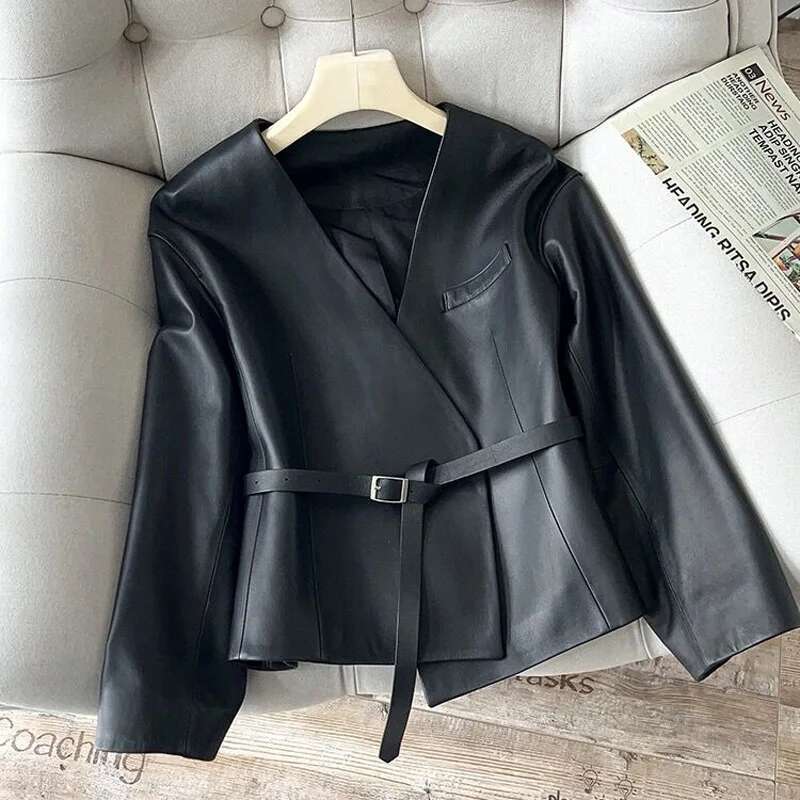 2023 Spring Women Clothing Elegant Female Genuine Leather Coat V- Neck Belt Jackets Streetwear Black Office Lady