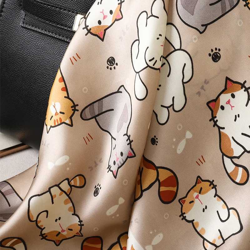 2024 Design Fashion Square Silk Scarf Women Hairband Cat Printed Small Satin Shawls Foulard Neckerchief Female Headbands Bandana W250602