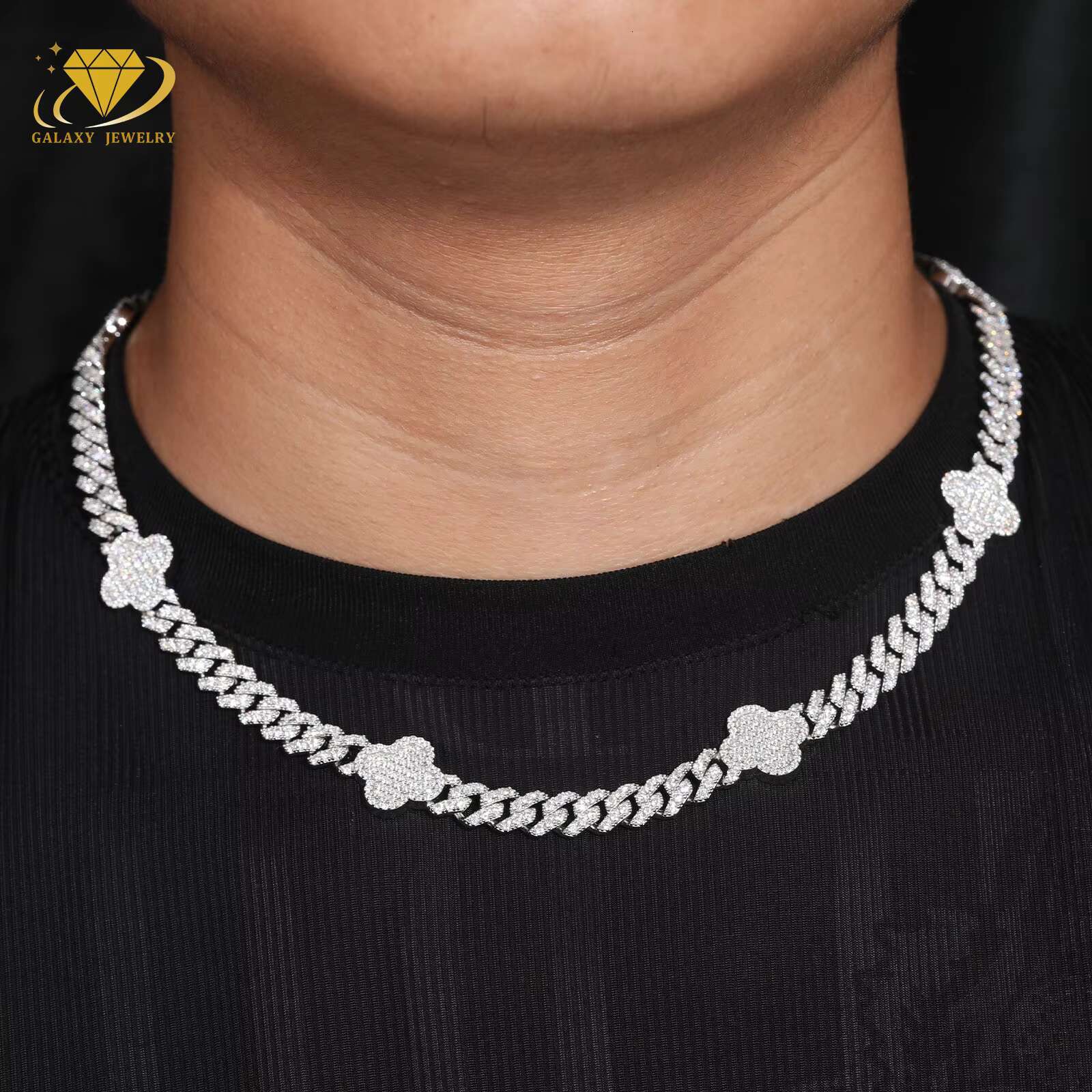New Arrival Moissanite Chain Silver 925 Hip Hop Lucky Four Leaf Clover Moissanite Miami Cuban Link Chain Bracelet Necklace