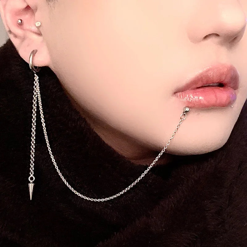 1PC Stainless Steel Lip Piercing with Chain Linked Earring Okazaki Shinichi Anime Styel Labret Earring Hoop 2 In 1 Body Piercing 250530