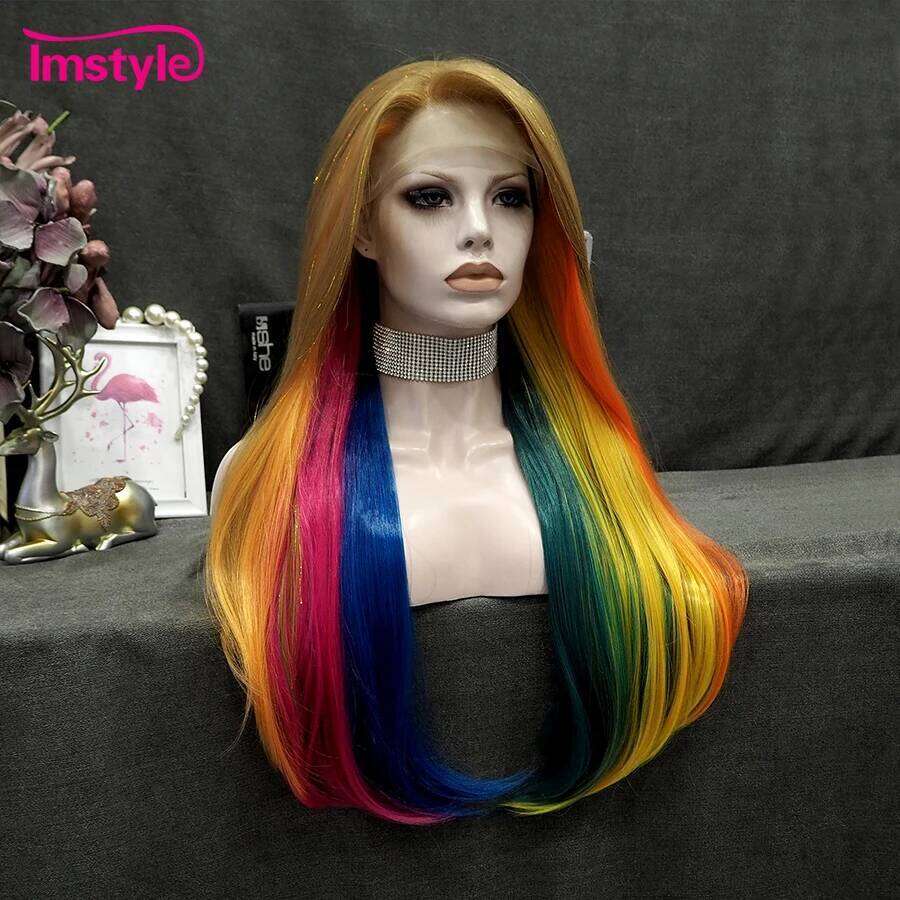 Imstyle Tinsel Rainbow Synthetic Lace Front Long Straight Hair Multicolor Wigs For Women Party Colorful Wig