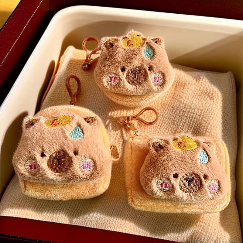 Cute Capybara Square Plush Coin Purse Mini Bag Storage Card Holder Round Shockproof Bluetooth Earphone Case