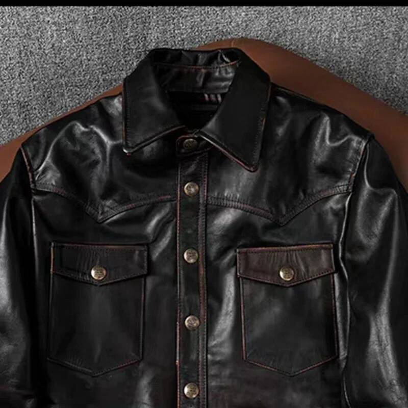 Tea Core First-Layer Horsehide Hand-Rubbed Retro Natural Men's Lapel Slim Short Motorcycle Leather Jacket