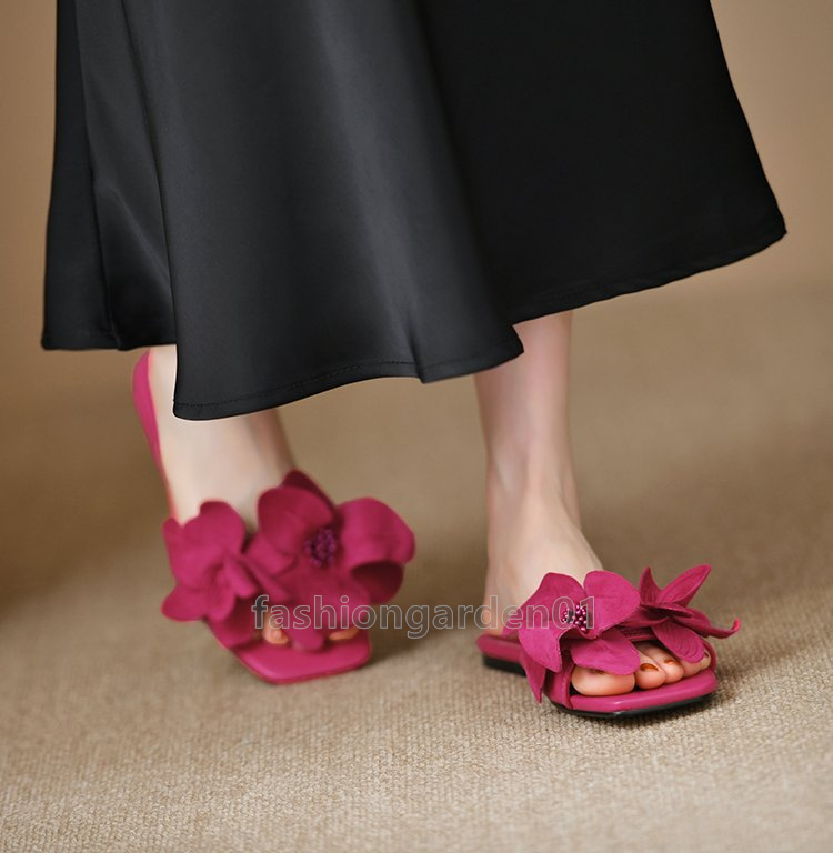 designer sandals summer beach slides flat bottom slippers slip-on sliders fashion square head slipper open-toe flower embellished rose red half-slippe