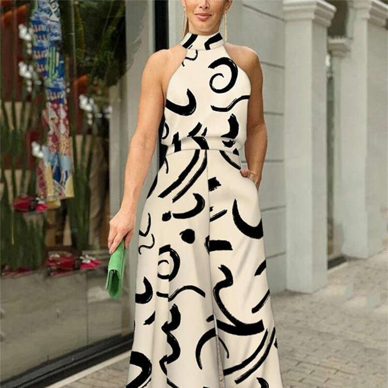 Women's Instagram Fashionable Round Neck Sexy Printed European and American Jumpsuit 2025 New Casual Fashion Trend Clothing