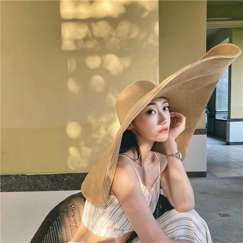 60CM Diameter Big Brim Hat Womens Sunshade Sun Hat French Men Women Beach Travel Straw Hat Summer Foldable Sun Hat Wholesale W250602