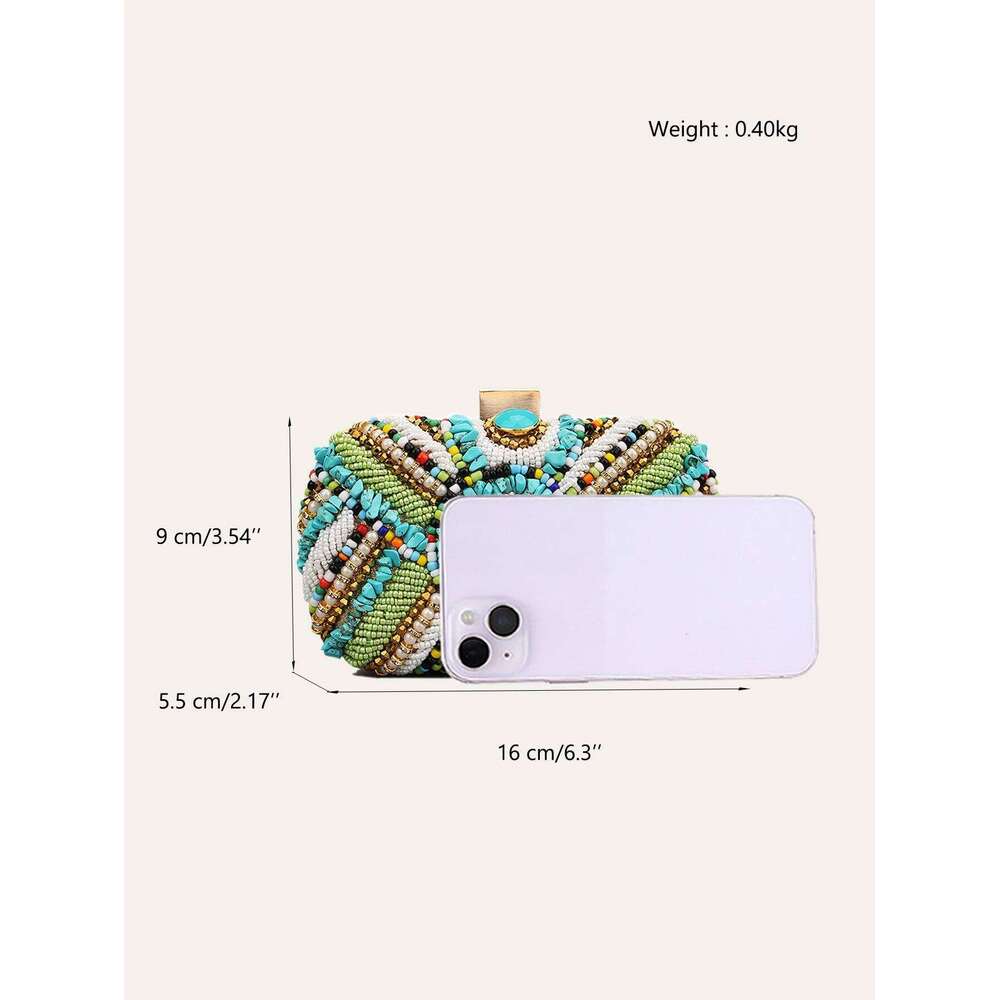 Glamorous Colorful Women's Beads Pearls Clutch Metal Frame Case Evening Bag Long Chain Purse Party Holiday Travel Tribal
