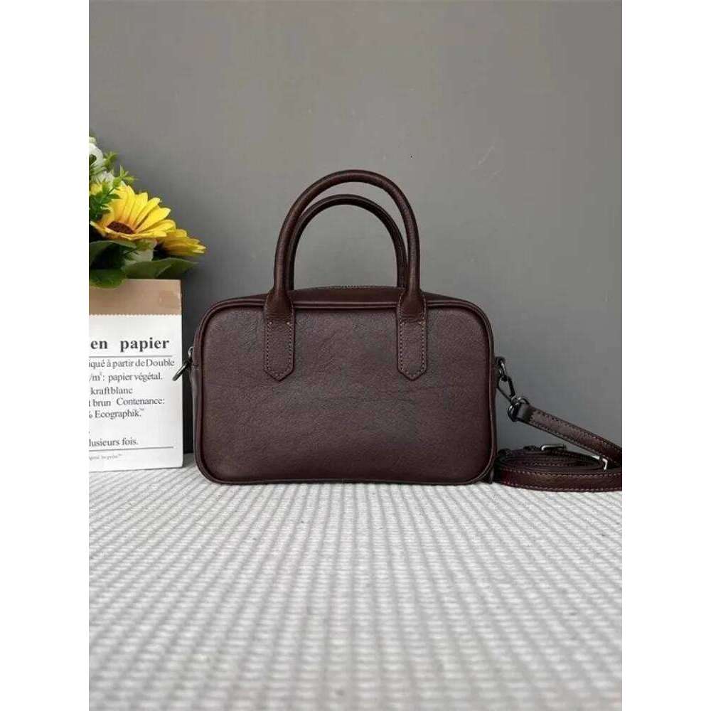Solid Color Vintage Casual Boston Women Tote Handbag Cowskin Genuine Leather Single Shoulder Female Zipper Messenger Bag