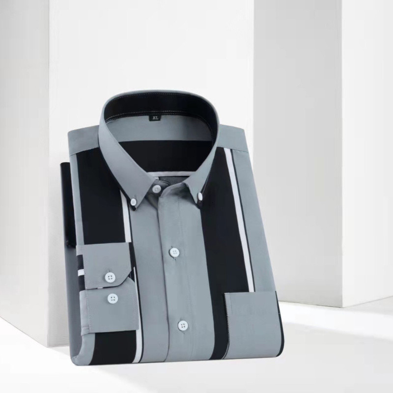 Summer Thin Long Sleeve Printed Striped Pocket Young Mens Trendy Casual Fashion Versatile Non-Iron Shirt