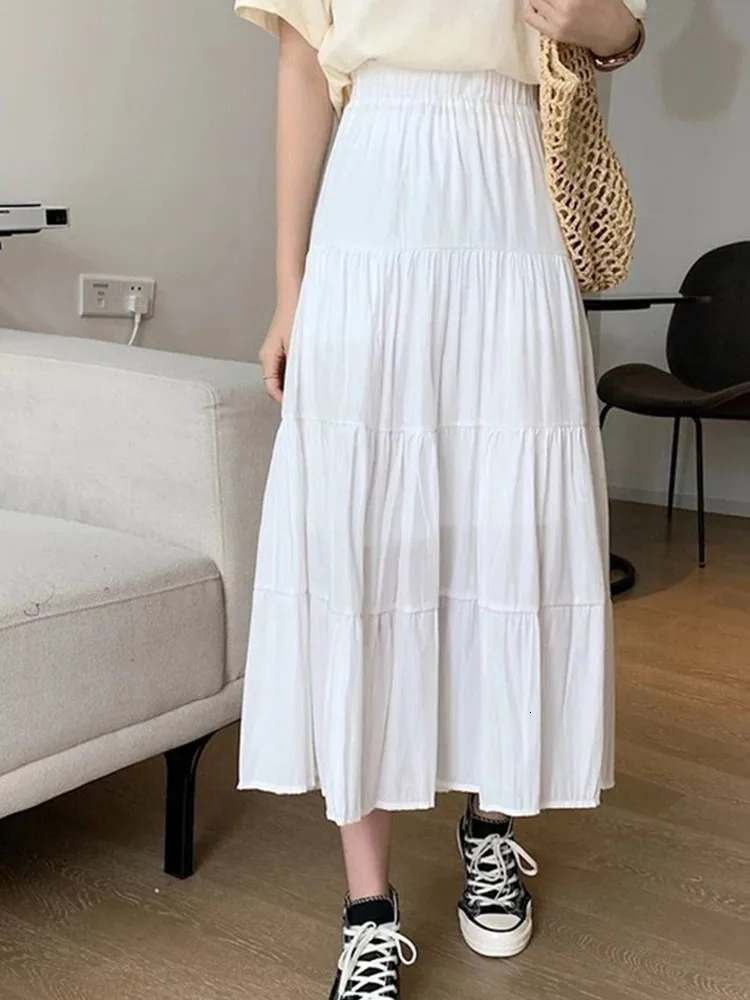 Spring Summer Women Chiffon Skirts Vintage High Waist Elastic Patchwork White Black Chic Long Cake A-line Skirt for Student 250603