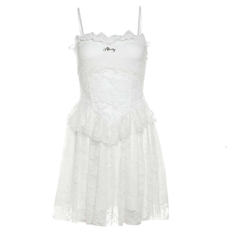 Spring New Women's Solid Color Sexy Lace Trim Patchwork Design Slim Fit Sheer Strap Dress B5