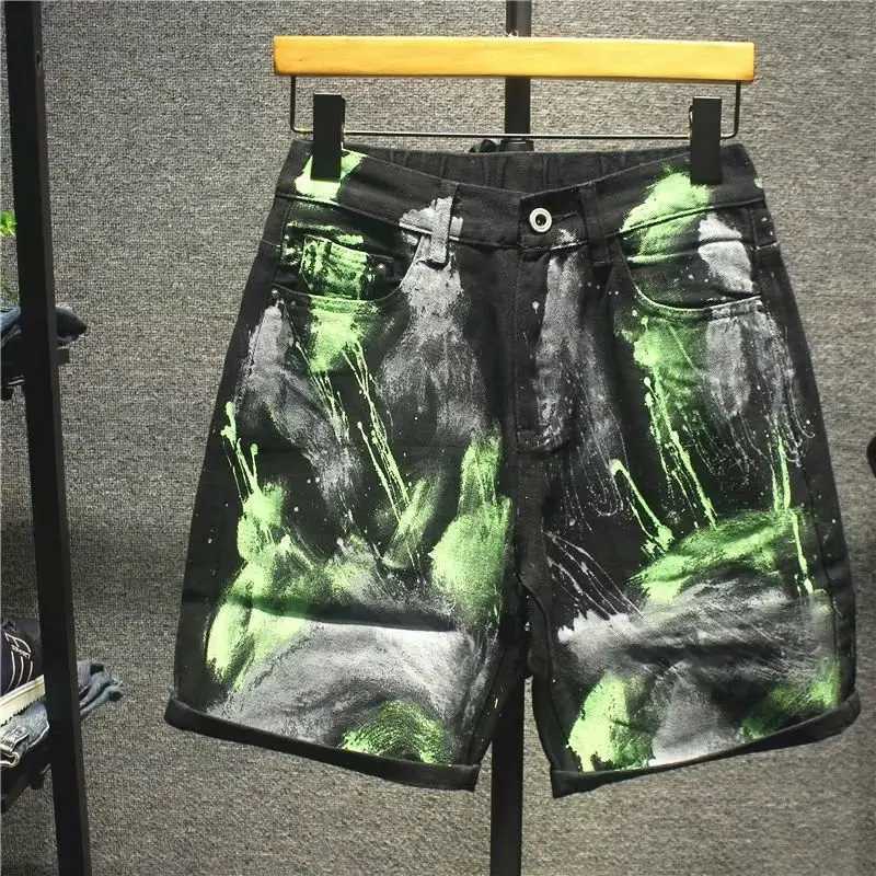 Mens Denim Shorts Graffiti Straight Loose Black Short Jeans Pants for Men Vintage Sale Stretchable With Zipper Blue Emo Summer XL T250603