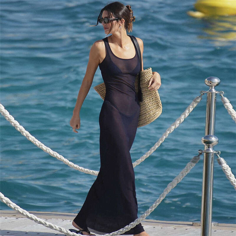 Autumn Summer New Women's Sexy Sheer Mesh Vacation Dress Evening Gown B5
