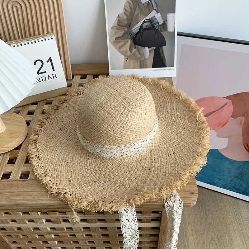 Sweet lace Straps Summer Straw Hat Handwoven Lafite Sun Hat Retro Travel Sunscreen Beach Vacation Hat for Adults Holidays W250602