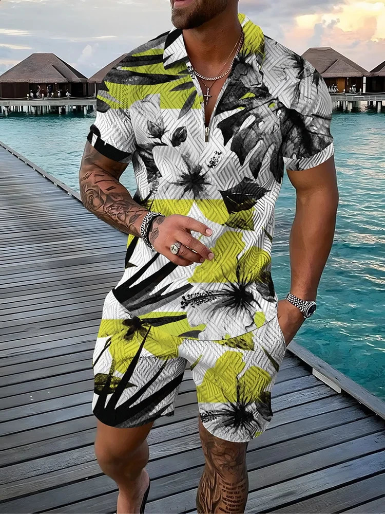 Summer 3D tropical fruits Print Men Polo Set Zipper Lapel Sets Collar And Shorts 2pcs Holiday style Man clothes 250530
