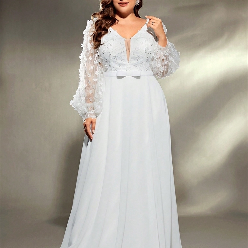 Mgiacy plus size Vneck threedimensional embroidery chiffon train wedding dress Evening gown Ball Party 250519