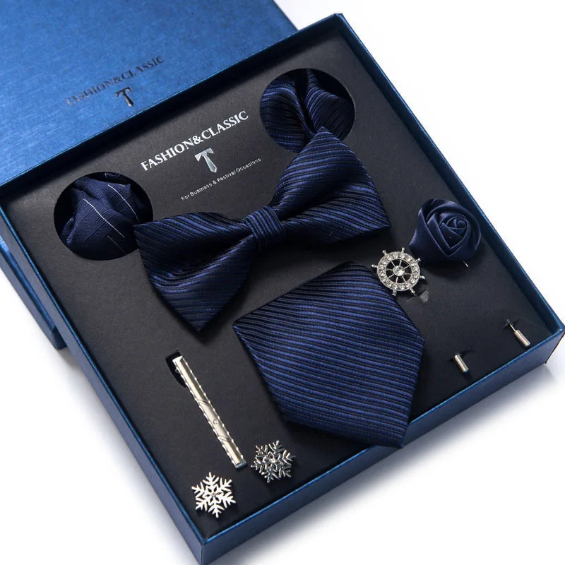 est Silk Tie Set Handkerchief Pocket Squares Cufflink Bow Tie Clip Necktie Set Bussiness Wedding Suit Gift Box 250530