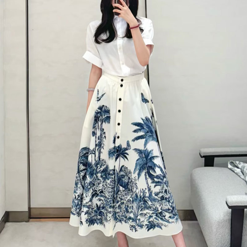 Summer Women's Butterfly Palm Print Cotton Midi Skirt Trendy High-Waist Button Front Classic A-Line Classic Designer Retro Luxury Clothing