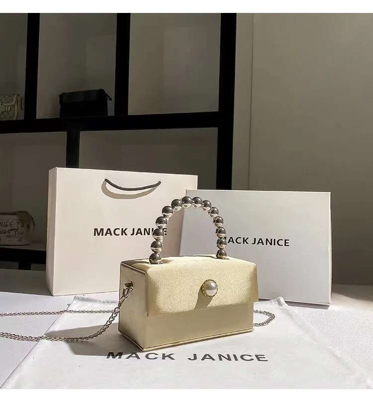 Satin Square Fashion Women Handbag Beads Beaded Handle Evening Wedding Party Clutch Purse Shoulder Crossbody Bag