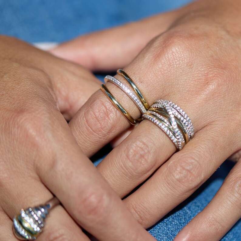 New Stacked Cubic Zirconia Thick Glossy Gold and Silver Double Triple Ring