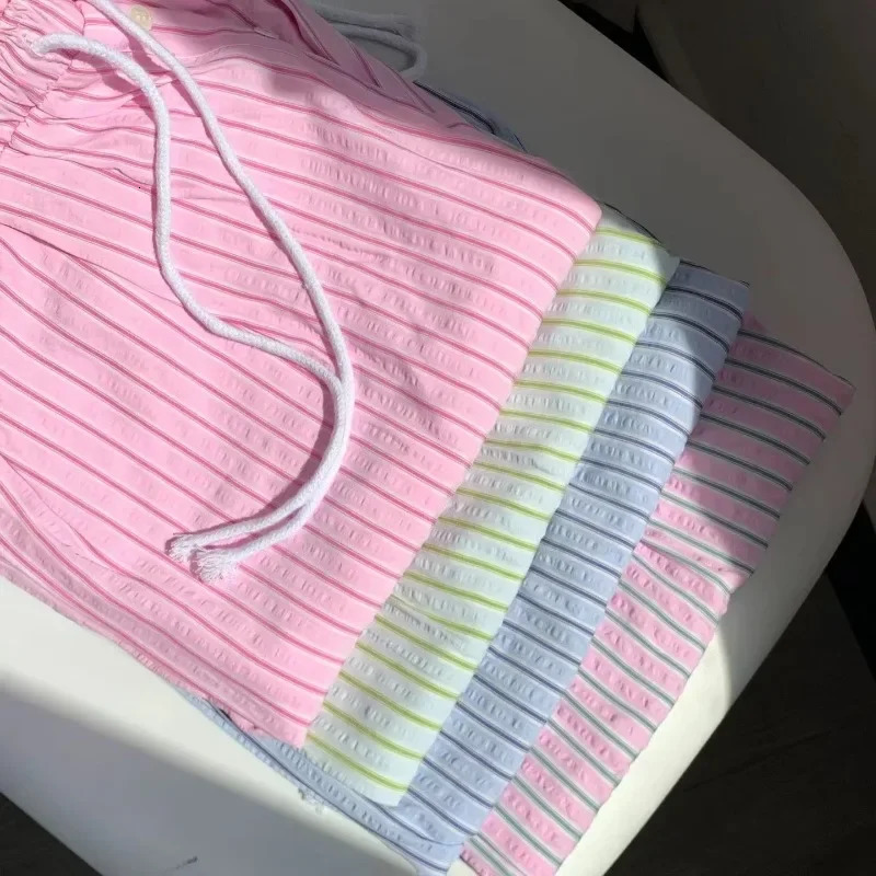Korean Casual Striped Drawstring Straight Pant Y2k Women Loose Holiday Pants Perppy Sweet Pink High Waist Office Trousers 250603