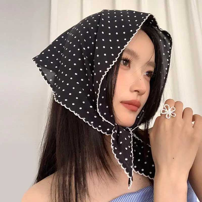 Sweet Polka Dot Triangle Headscarf Women Striped Lace Neck Scarf Headband Korean Pastoral Headwrap Summer Sunscreen Hair Scarf W250602