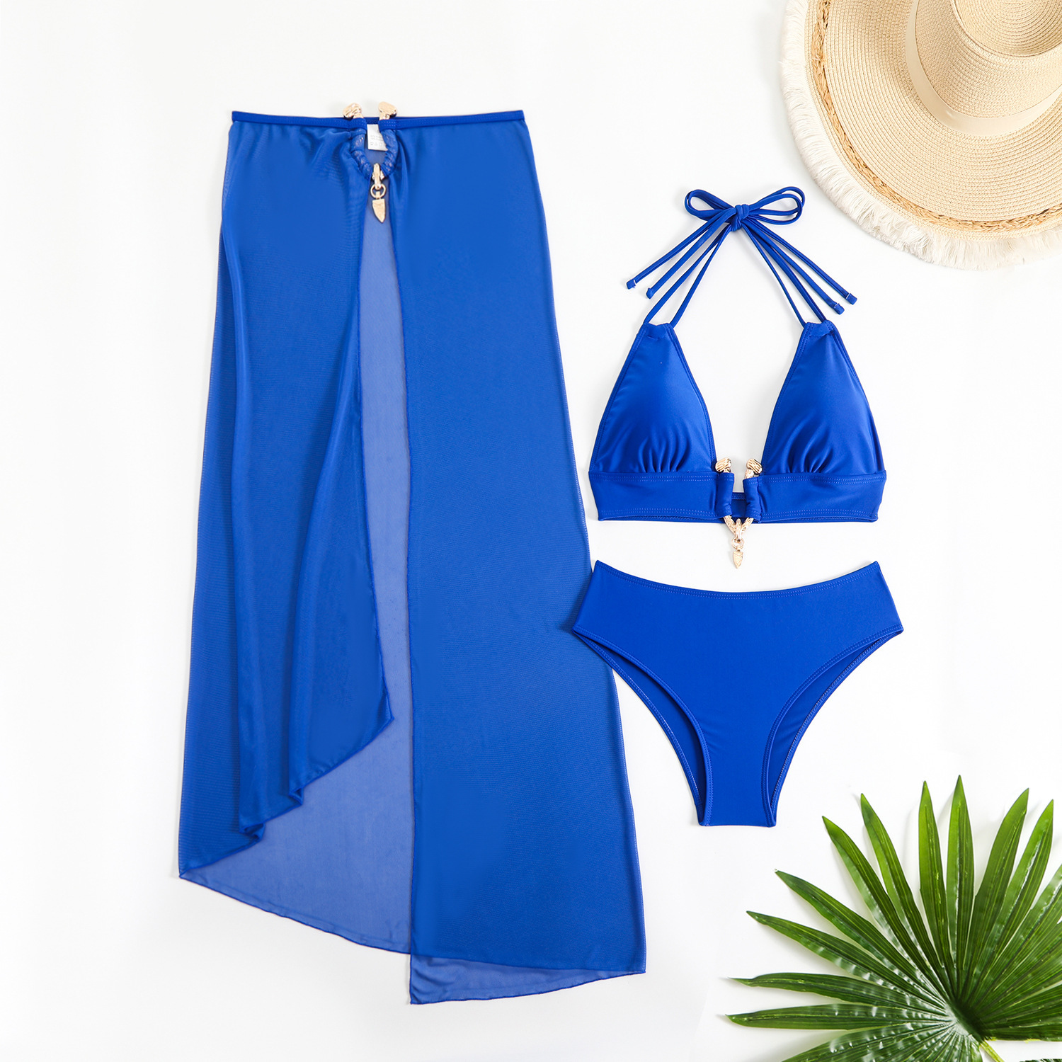 Outdoor Summer Beach Sexy Womenfree Shipping 2025 New Designer Shoes 2025 New Three Piece Solid Color Metal Buckle Long Yarn Women's Split Bikini