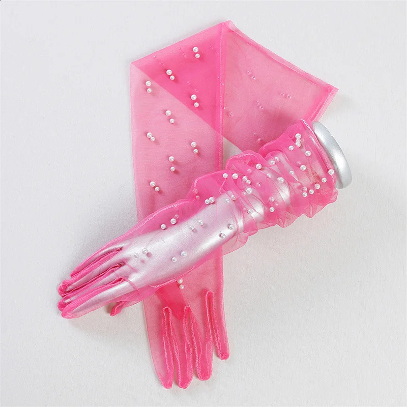 55 cm Transparent Wedding Gloves Pearls Long Elbow Mittens Mesh Arm Covers Women Party Bridal Dress Accessories Po Props 250530