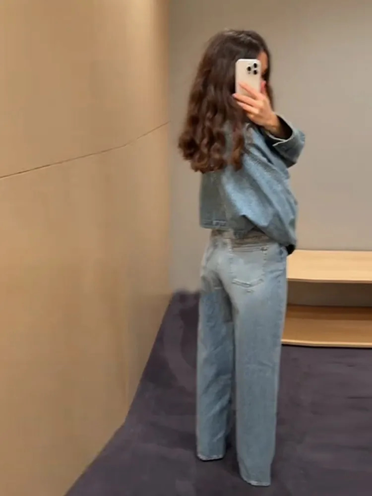 Street Fashion Denim Short Jacket Pants Sets Women Long Sleeve Lapel Blue Cropped Coat Wide Leg Trousers Spring Lady Suits 250603