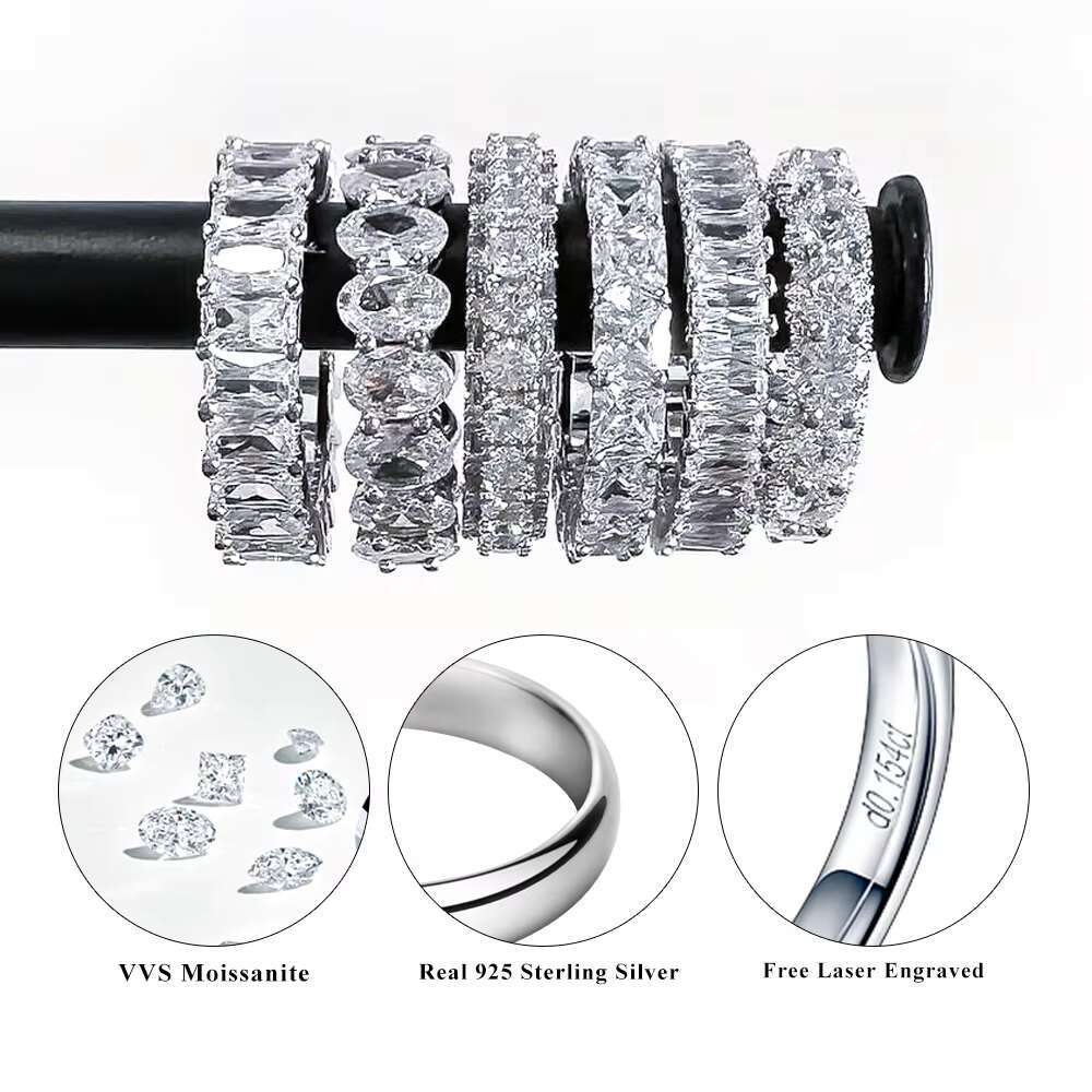 Elegant 925 Silver Gold Plated Women Jewelry Fully Iced Out Classic Oval Cut Eternity Moissanite Diamond Band Ring
