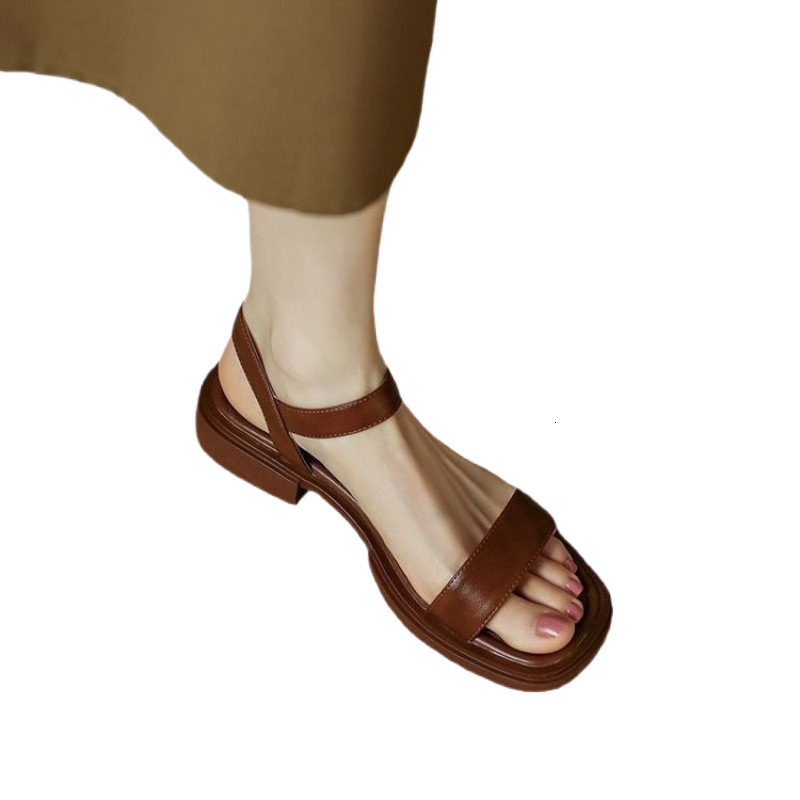 Plus Size French Style Brown Sandals Low Heel Roman Open Toe Strap Simple Comfortable Flat Women's Shoes ddmythur