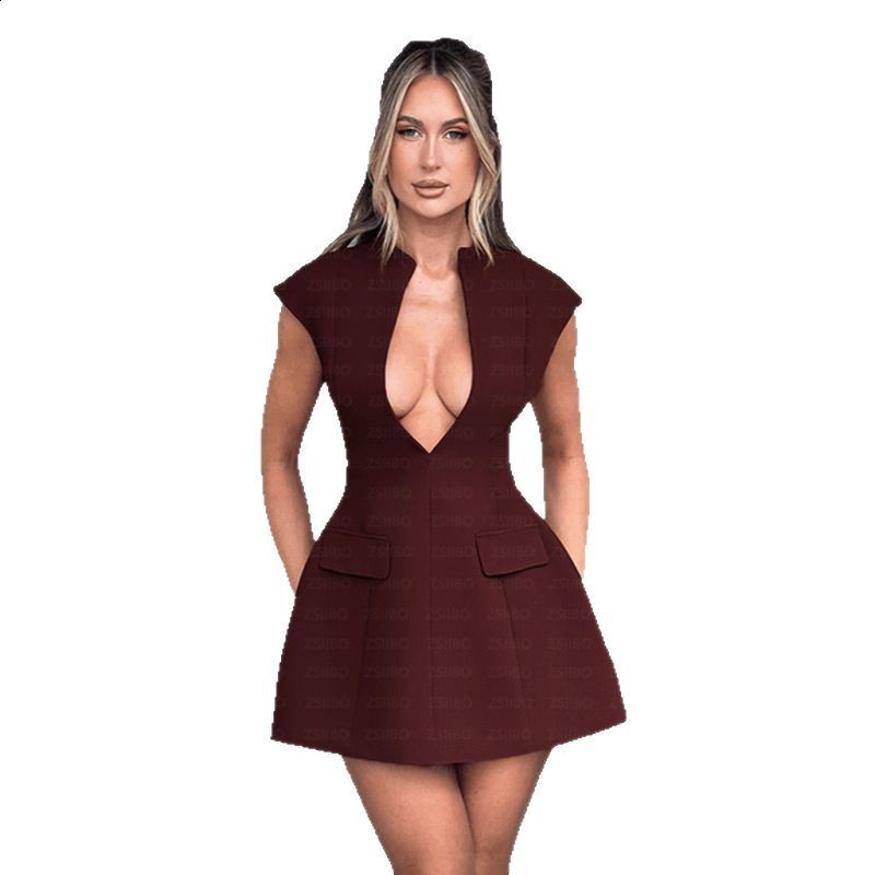 Summer Dress for Women 2024 New Solid Color Pocket Sleeveless Sexy Deep V Slim Fit High Waist Short Dress 240314