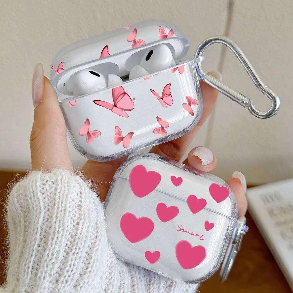 Pink Heart Butterfly Design 4 3 1 2 Gen TPU Earphone Protecitve Case For Pro 2/Pro Cover with Keychain