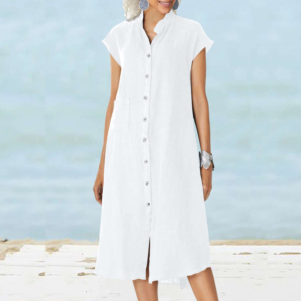 New Cardigan Stand Collar Single-Breasted Cotton Linen Pocket Plus Size Dress Slip B5