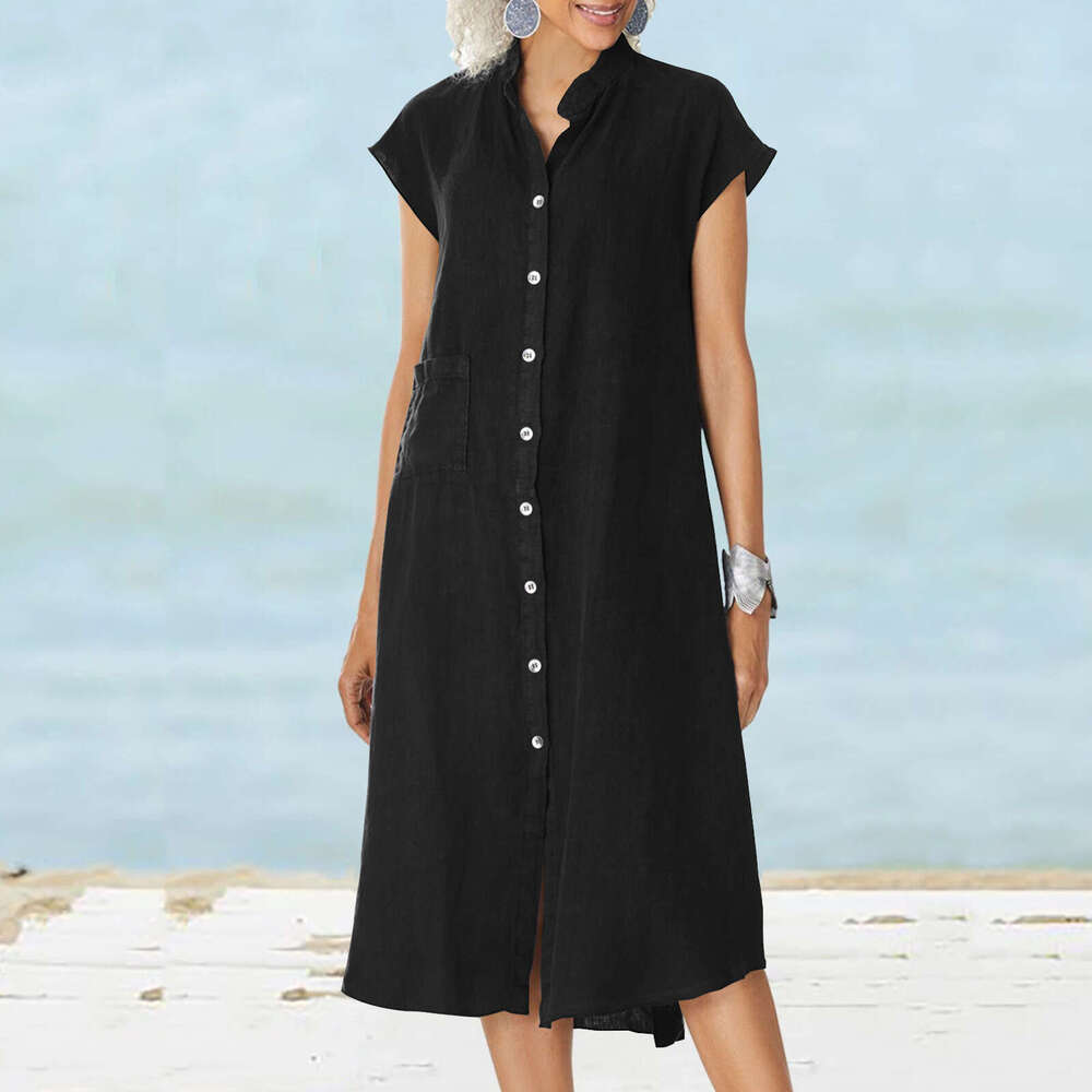 New Cardigan Stand Collar Single-Breasted Cotton Linen Pocket Plus Size Dress Slip B5