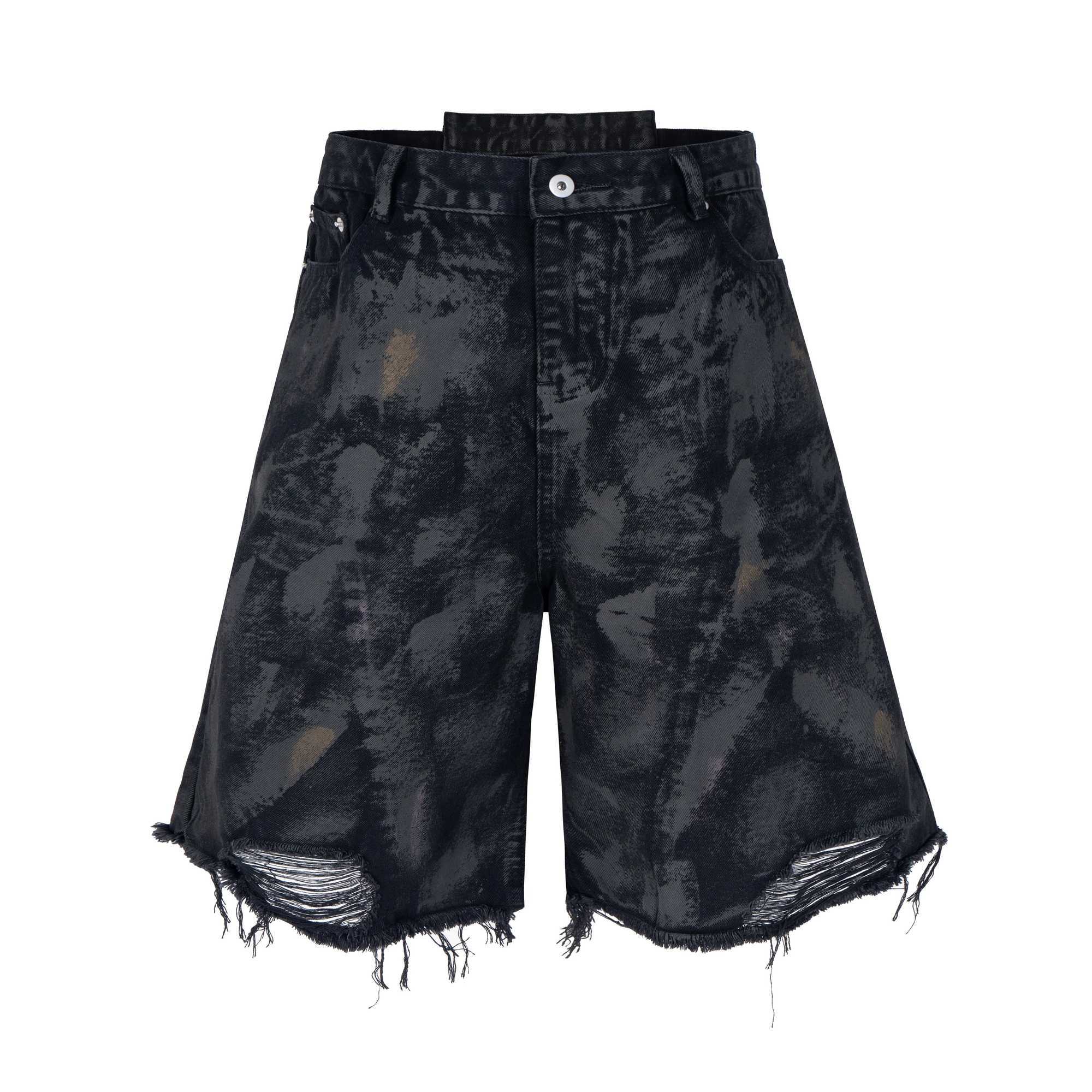 MIJKO Black Broken Hole Tassel Denim Shorts for Men Women Summer MJ017 T250603
