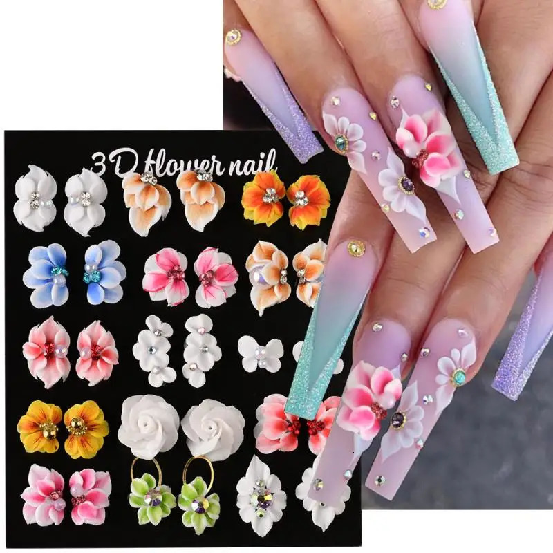 30Pcs 3D Handmade Acrylic Carved Flower Nail Art Charms Pearl Rhinestone Sculpted Floral Jewelry Cherry Blossom Nail Supplies 250528