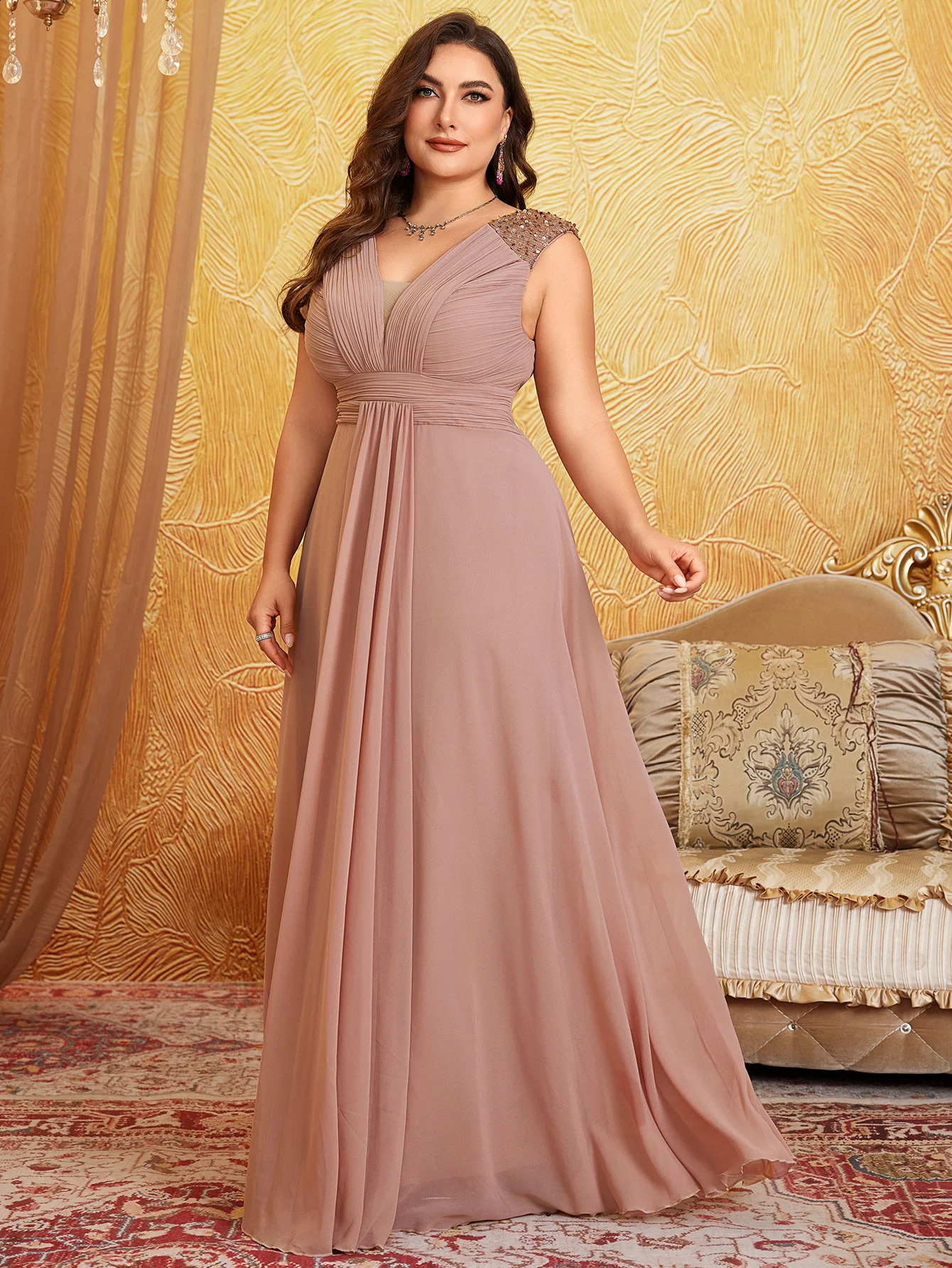 Unithorse Plus Size VNeck Sleeveless Bust Ruched Sequin Patchwork Chiffon Dress 250526