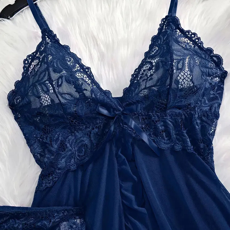 Halter Summer Dress V-neck Lace Tulle Nightgown Sexy Panties Womens Pajamas Plus Size Lingerie Delicate Set Ultra-thin Homewear 250530