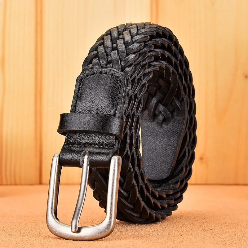 Men Real Cowhide Belt Woven Casual Buckle Layer Hollow Hand Woven Fashion Couple Personalized Student Jeans 250530