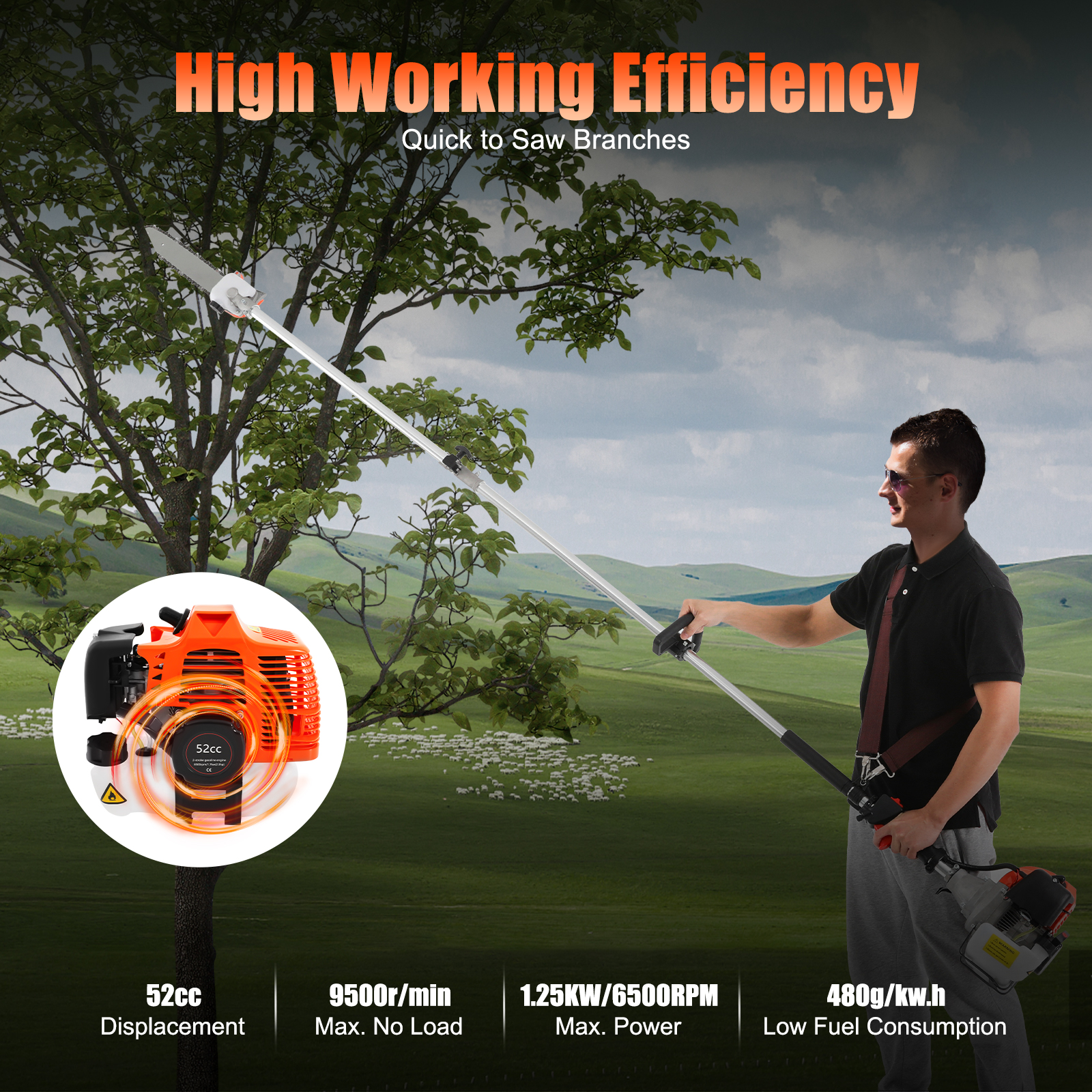 2-Stroke 52cc Pneumatic Chainsaw Pole Saw, Air-Cooled Pruner Gas Powered Tree Trimmer Tool Pruning Saw for Agricultural Gardening High Branch Saw