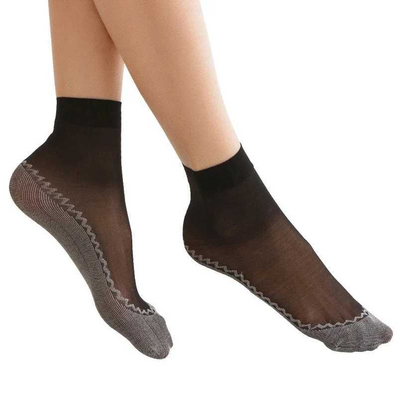 20pcs=10 Pairs Spring Summer Women Soft Socks Thin Silk Socks Non-Slip Bottom Splice Fashion Transparent Ladies Breathable SockT250602