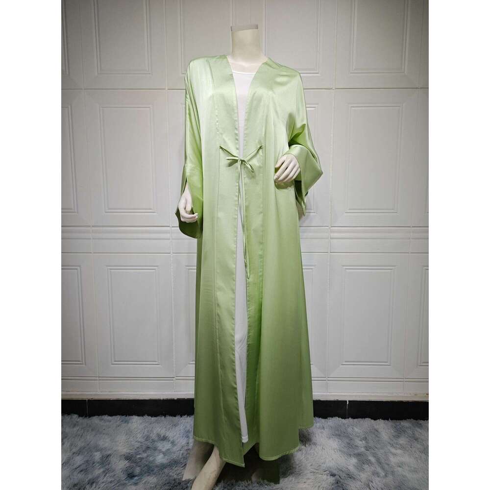 Mq122 Muslim Fashion Satin Soft Dress Open Front Outerwear Abaya Solid Color B5