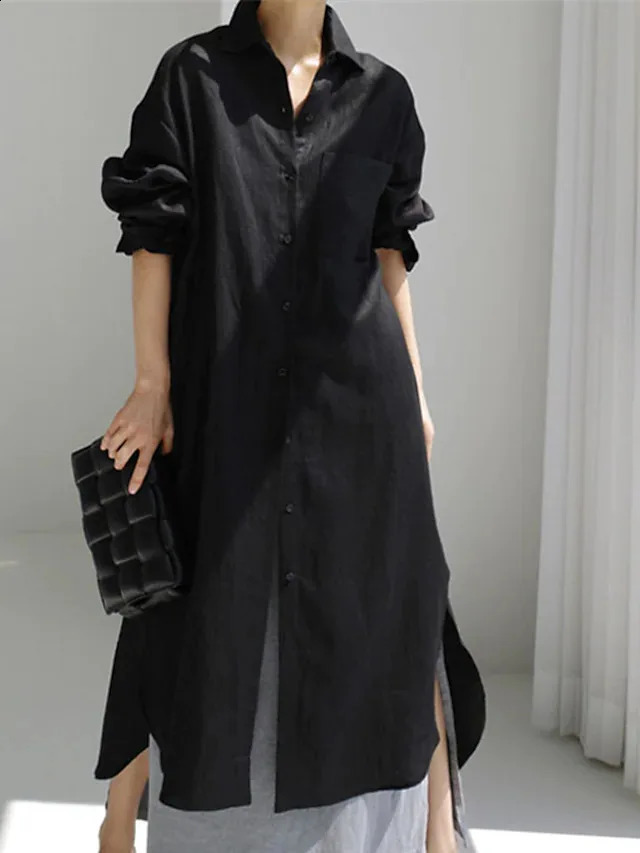 Spring Cotton Linen Oversize Women Dress Black Turn-Down Collar Loose Dresses Female Elegant Casual Trendy Ladies Clothes 250529