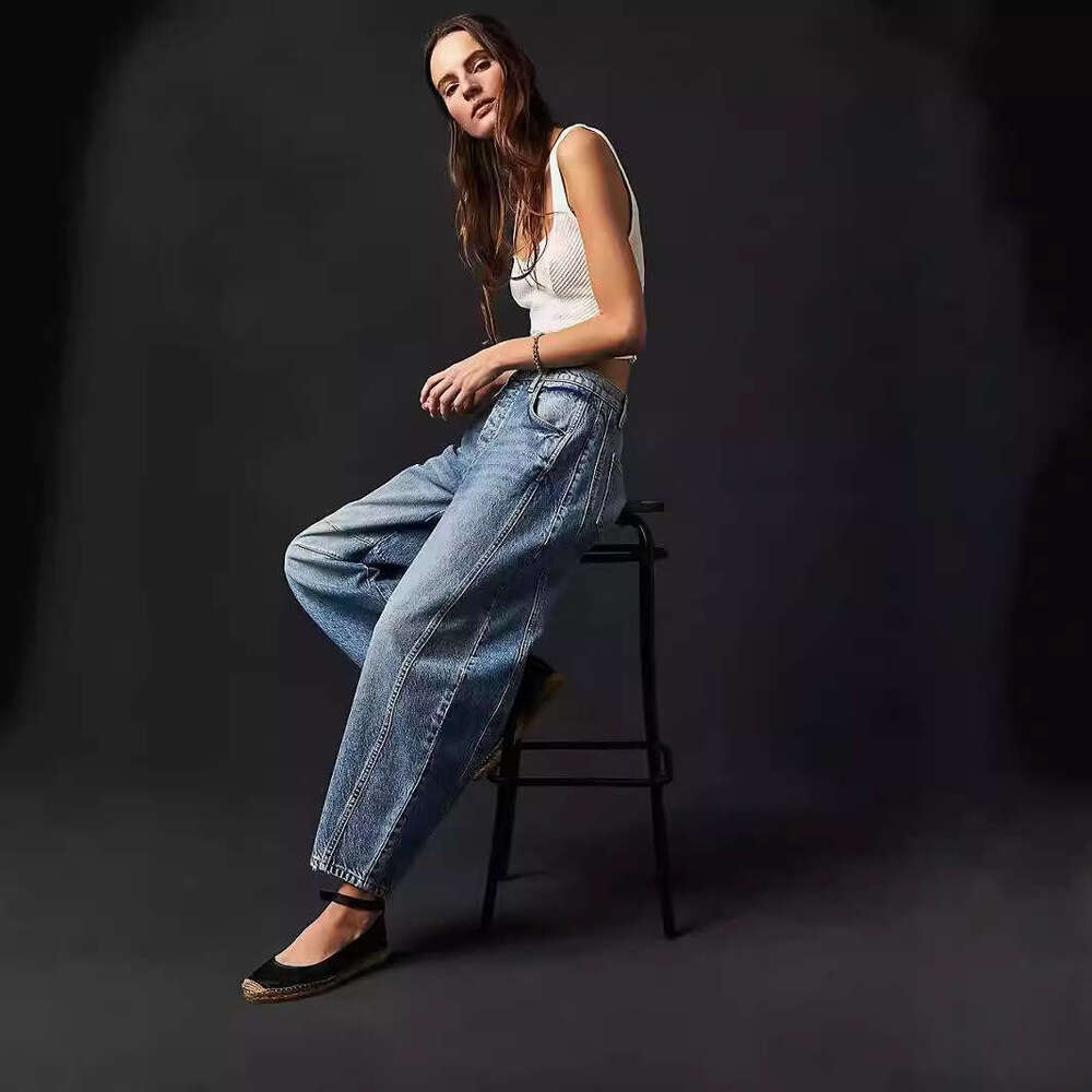 Loose Wide-Leg Mid-Low Waist Washed Denim Long Pants For Women B5