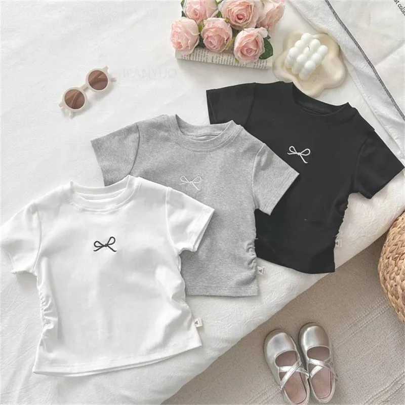 Korean Summer Bowknot Casual Short Sleeve T-shirts for Kids 0-12 Years Cotton Toddler Girl Tops Baby Girls Tees Students Clothes T250603