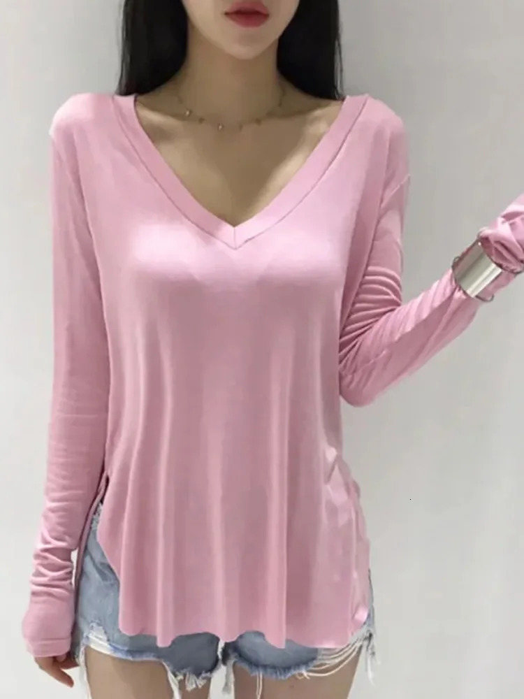 Casual V Neck T Shirt For Women Spring Korean Style Woman Clothes Basic T Shirts Long Sleeve Tops Loose Tee Shirt Camisetas 250603