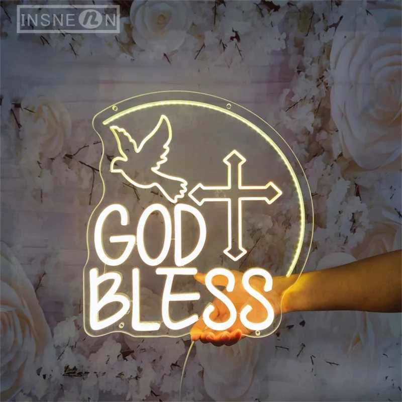 God Bless Neon Signs with USB 3D Engraving LED Wall Decor Lights for Party Home Neon Lighting Sign Baptism Decoration GiftXJ250602