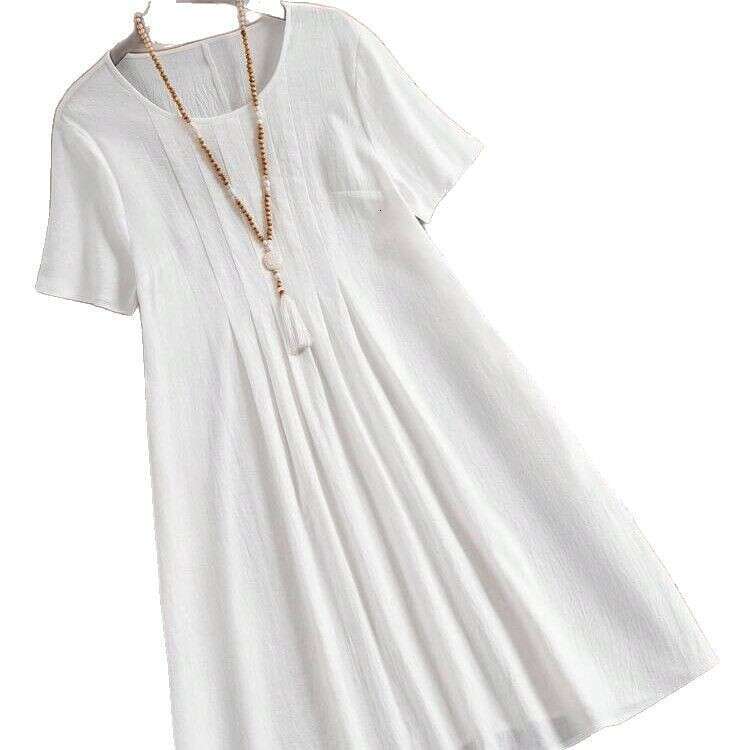 Spring Summer Loose Pocket Solid Color Round Neck Women's Cotton Linen Dress B5 b6